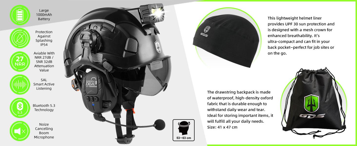 7 in 1 Vented Work Hardhat,Hard Hat with Visor Bluetooth Ear Muffs and Headlamp,Cascos De Construccion for Industrial Construction Forestry