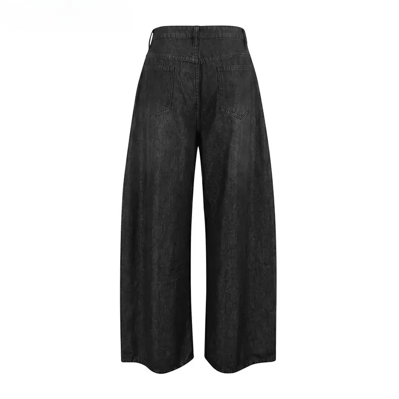 Women's High Waist Geometric Eyelet Cotton Mix Denim Style Jeans - Baggy Wide-Leg Cropped Bottoms with Side Pockets, Zip Fasten, Casual Fashion Fabric, 2026 Fall Festival Streetwear, Cold Wash Y2K Clothing