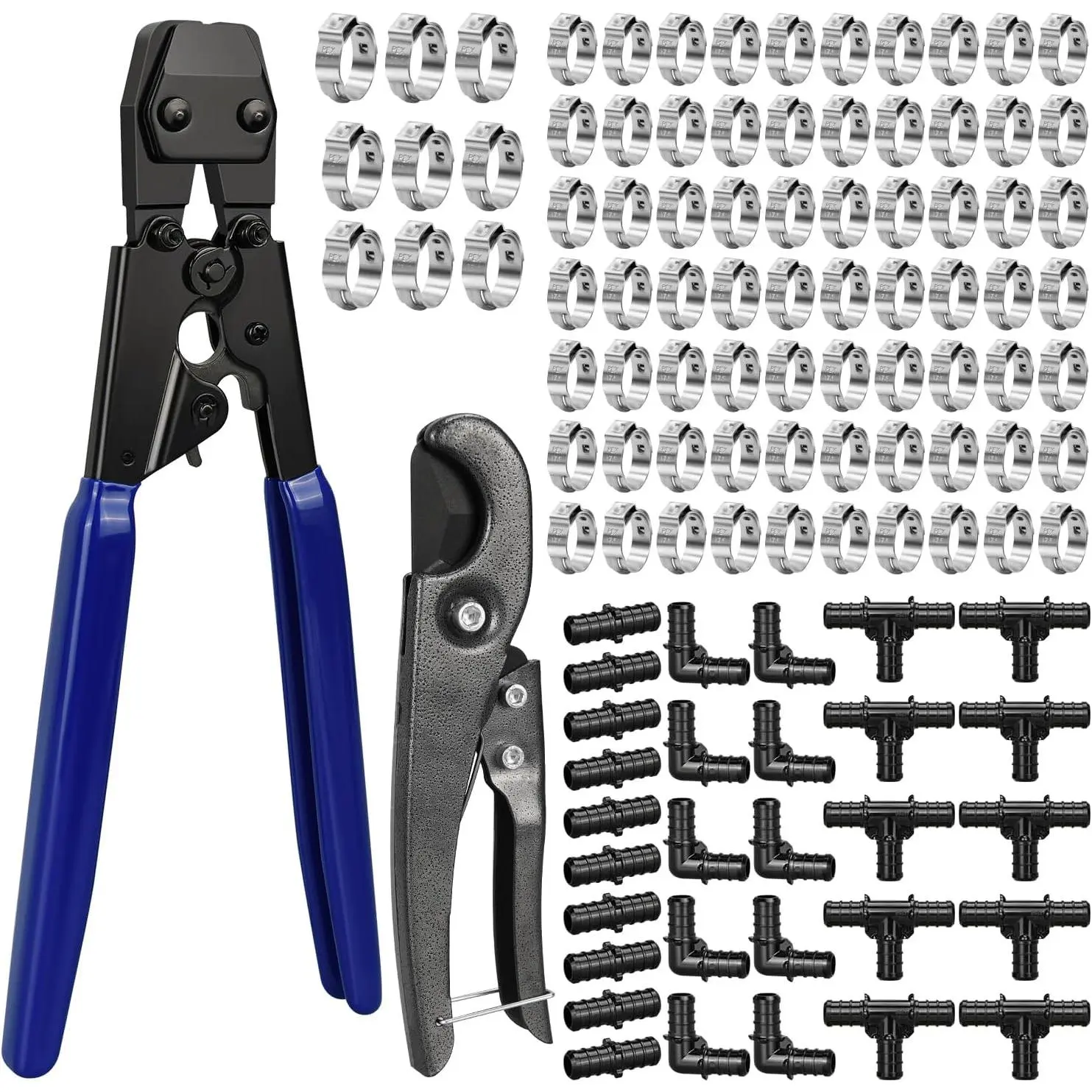 PEX Cinch Clamp Tool Kit, 3/8" to 1" PEX Pipe Clamp Cinch Tool Set | with 30 count 1/2" PPSU PEX Fittings Combo, 1 count Pipe , 70 count 1/2" PEX Cinch Clamps, 10 count 3/4" PEX Cinch Clamps