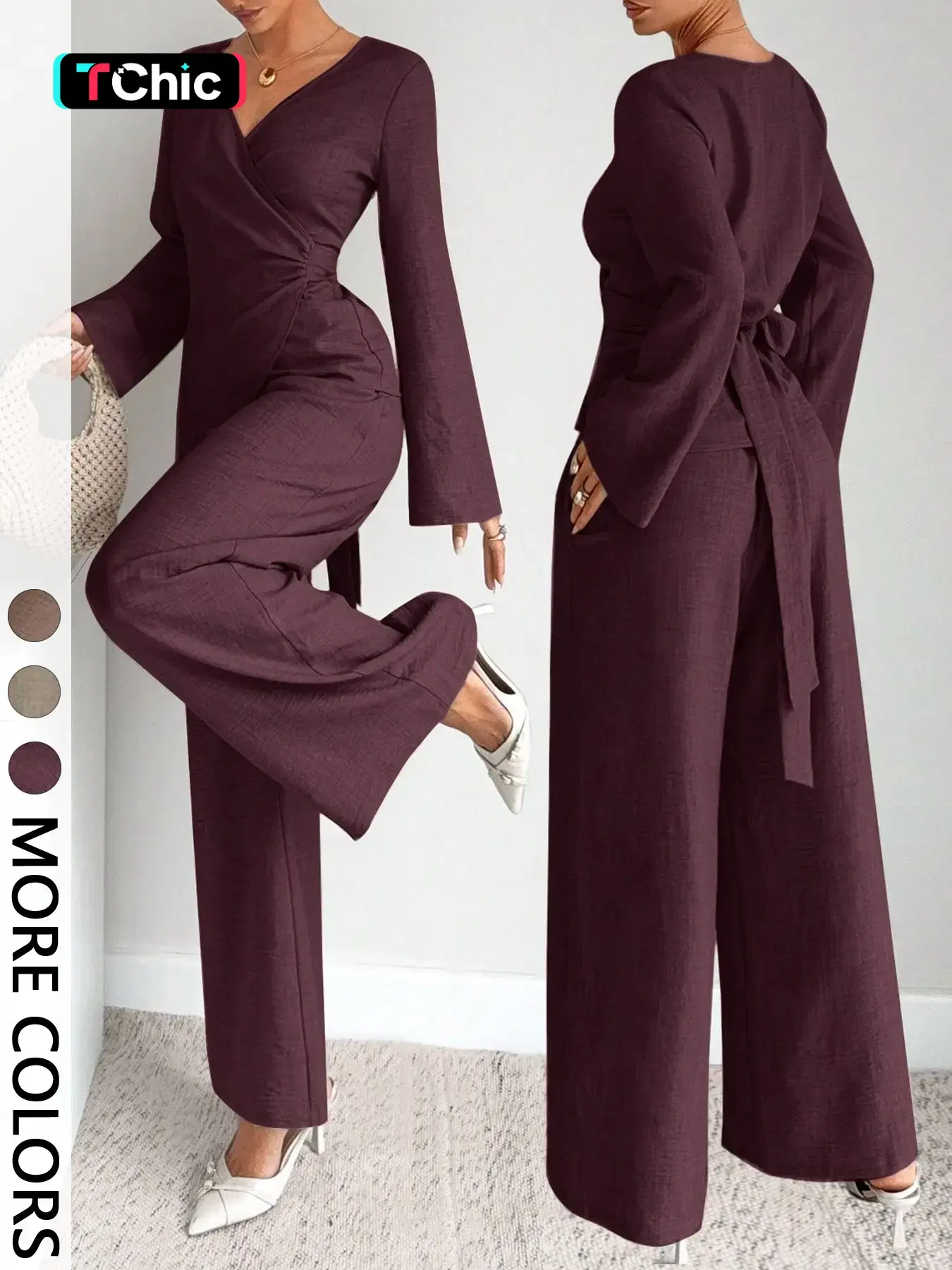 Elegant Women's 2-Piece Set Suits, Plain Color Layered Neck Crop Shirt with Bell Sleeve, Long Pants, Fall Winter for Parties