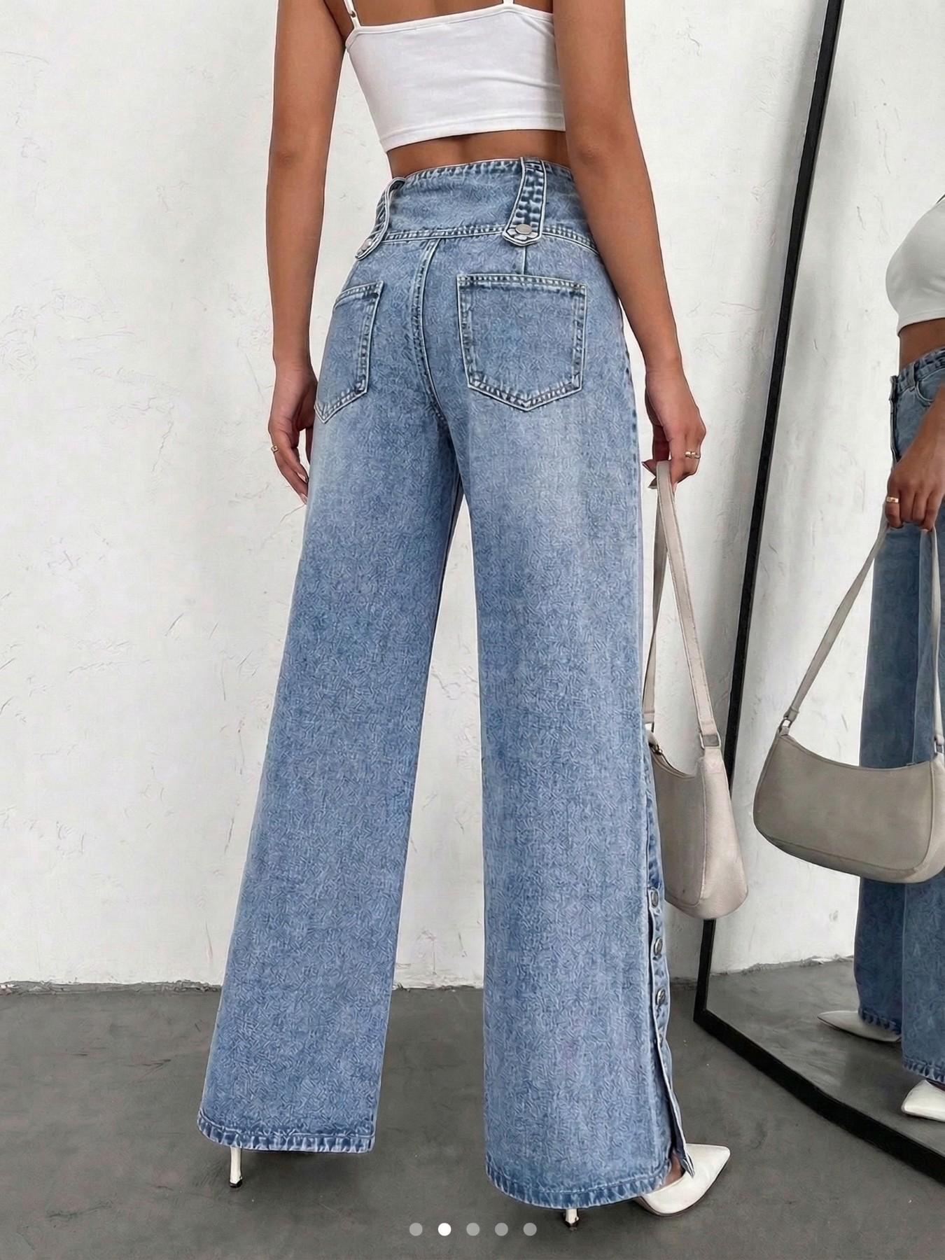Women's Four-Season Casual Plain Denim Fashion Aesthetic Side Split Button Daily Commute Versatile Fit Mid-Waist Blue Pocket Jeans Pants, Trendy and Comfortable