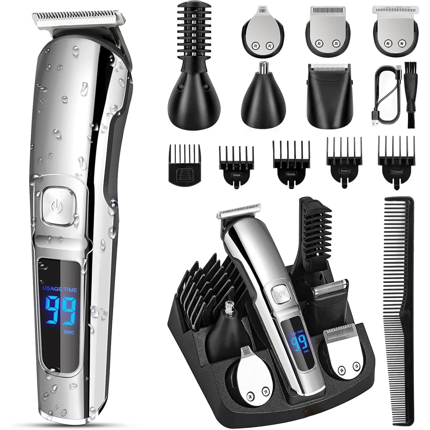 Men Waterproof Beard Trimmer Grooming Kit, 6 Interchangeable Heads USB Rechargeable Wet Dry Shaver for Face, Body, Nose & Ear Hair, Silver