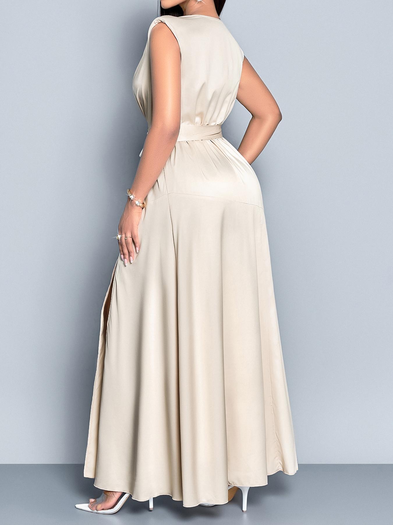 Elegant Chic Sleeveless Deep V Neck Fitted Dress, High Waist Drawstring Bowknot Umbrella Hem Slit, Perfect for Formal Evening Parties and Casual