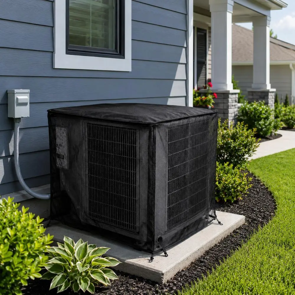 Outdoor Central AC Unit Cover -XS/S/M/L/XL black 600D Waterproof Dustproof Adjustable Buckle Strap Reusable Design Protect your AC