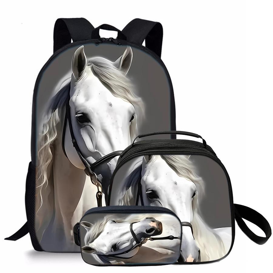 Horse pattern printed 17-inch backpack three-piece set (single-layer backpack + round lunch bag with shoulder strap + single-layer pencil case)