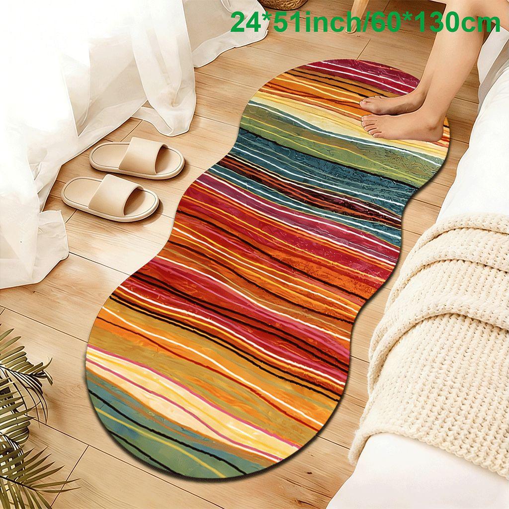 Boho Rainbow Stripe Velvet Carpet, Non-Slip, Ideal for Bedroom, Room, Entryway, Bathroom, All Seasons, Durable & Easy Care