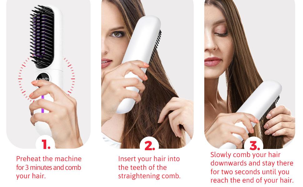 10 Count Wireless Hair Straightening Comb Kit Portable Fast Heat Adjustable Thermal Brush Cordless Straightener Heated Curler Lightweight