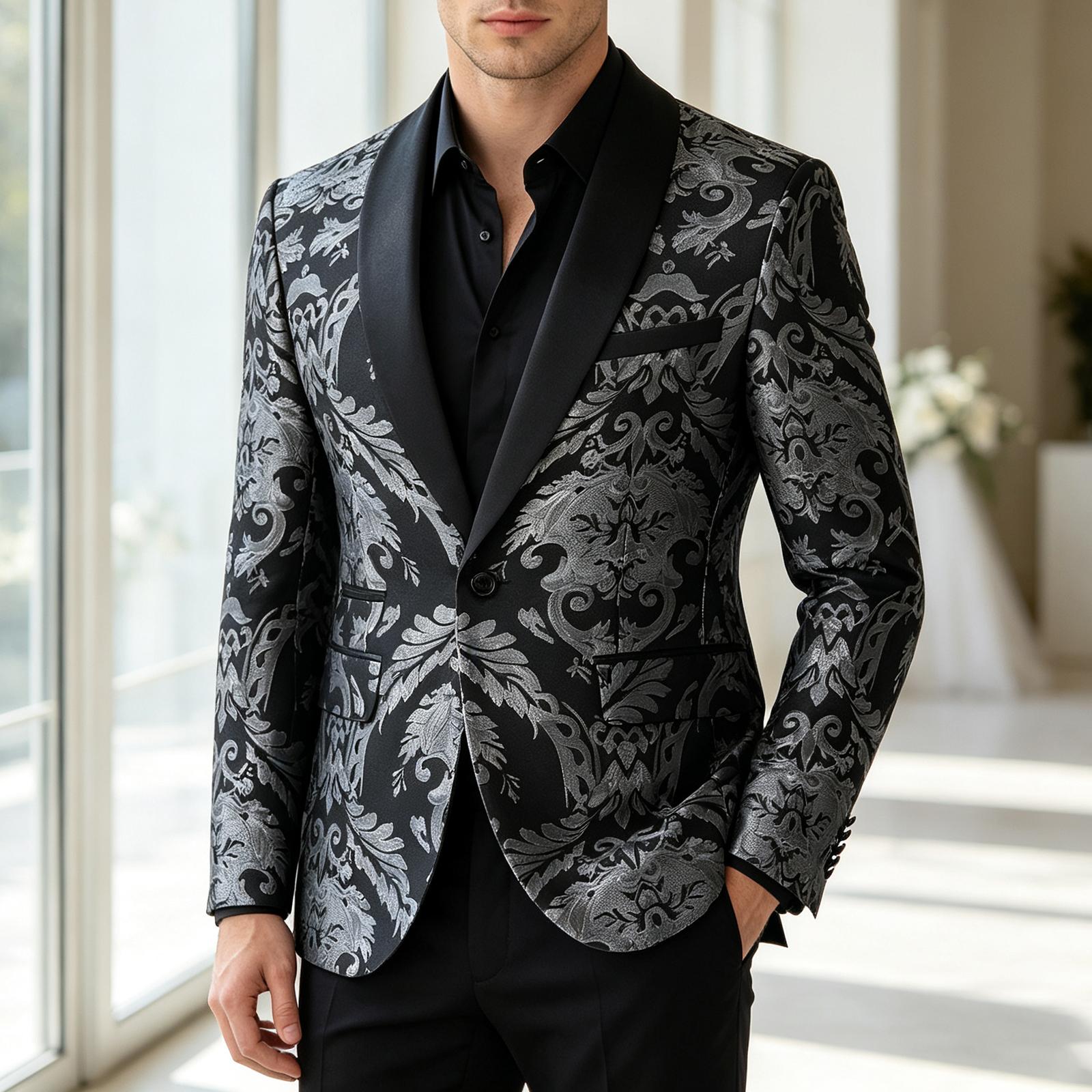 Men's 2-Piece Slim Fit Floral Jacquard Formal Tuxedo Set - Shawl Collar Long-Sleeve Button-Front Blazer & Matching Trouser for Wedding, Prom