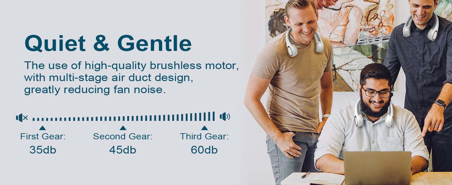 Hands Free Neck Fan for sports, travel and office use - Rechargeable bladeless cooling technology with up to 8 hours of run time - Wearable headphone design provides cooling for face, neck and shoulders as you move