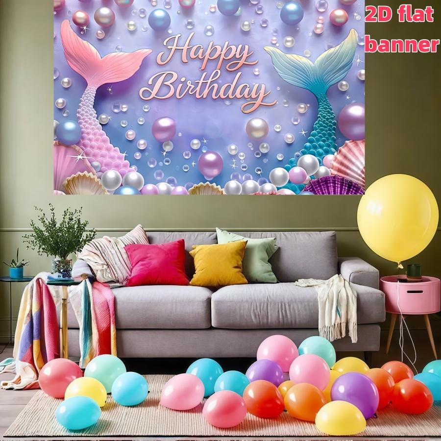 Mermaid Theme Birthday Banner, 2D Polyester Backdrop, Happy Birthday Underwater Fairy Tale Party Banner, Girl Child Photo Decoration