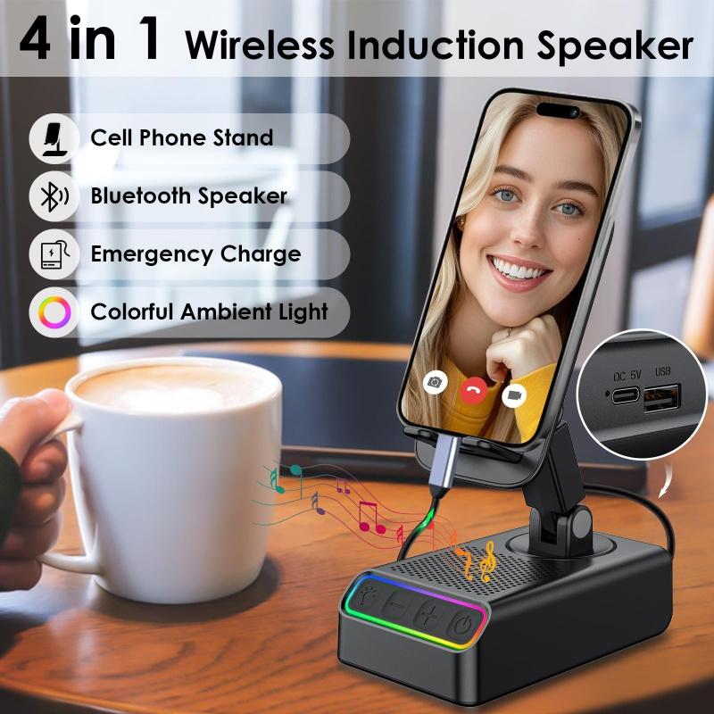 Wireless Bluetooth-compatible Speaker Bt5.3, Multifunctional Desktop Speaker, Five-In-One Phone Stand with LED Light, Compatible with iPhone & Android Phones, No Battery Included