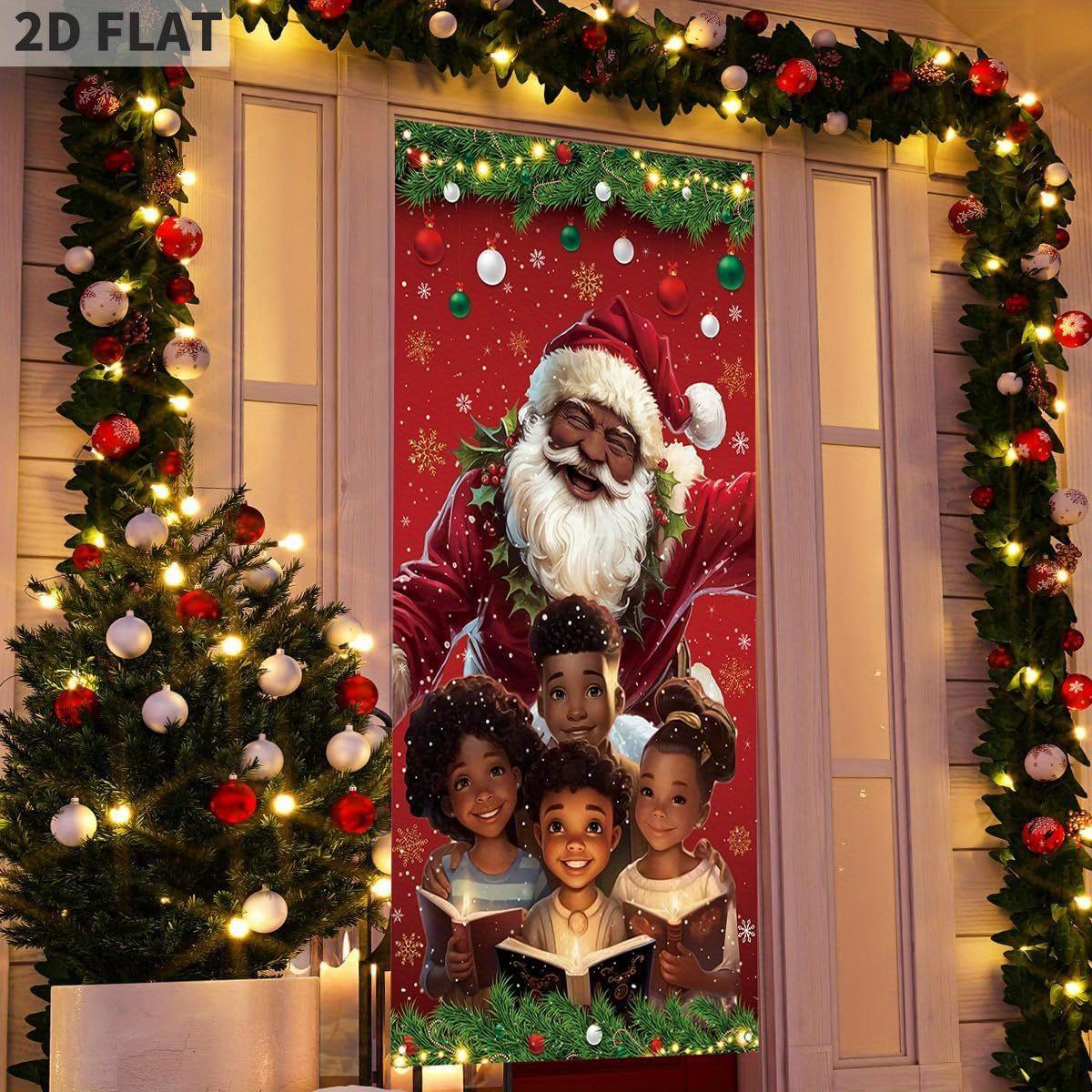 2D FLAT Banners African American Christmas Door Cover Black Santa Claus Party Banner Black African American Christmas Decor Merry New year Xmas Decor Christmas Decorations for Home Party