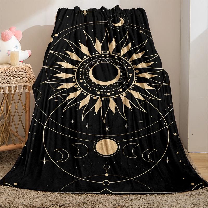 Bedroom Decor Home Blankets, Sun & Moon Pattern Flannel Blanket, Soft Throw Blanket for Sofa, Bed, Air-conditioned Room, Travel, Camping, Office, Room Essentials, Summer Essentials, Bedroom Accessories, Gift Ideas