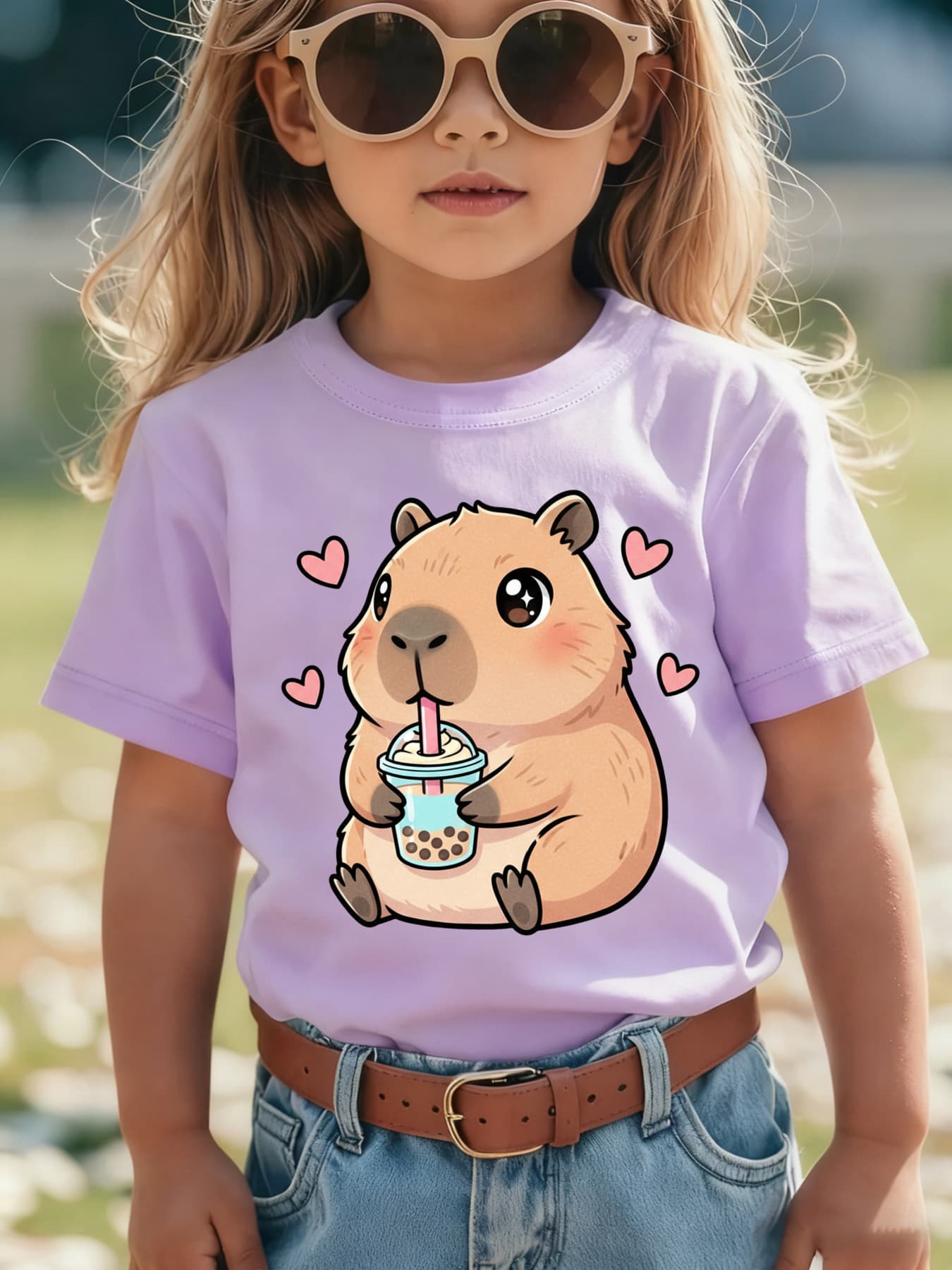 Girls' Short-Sleeve Sports Top - Kids Clothing Girls, Cartoon Milk Tea Capy Art Print, Summer Fashion Casual Fits Versatile Top NY-DX8565, Sports Tops
