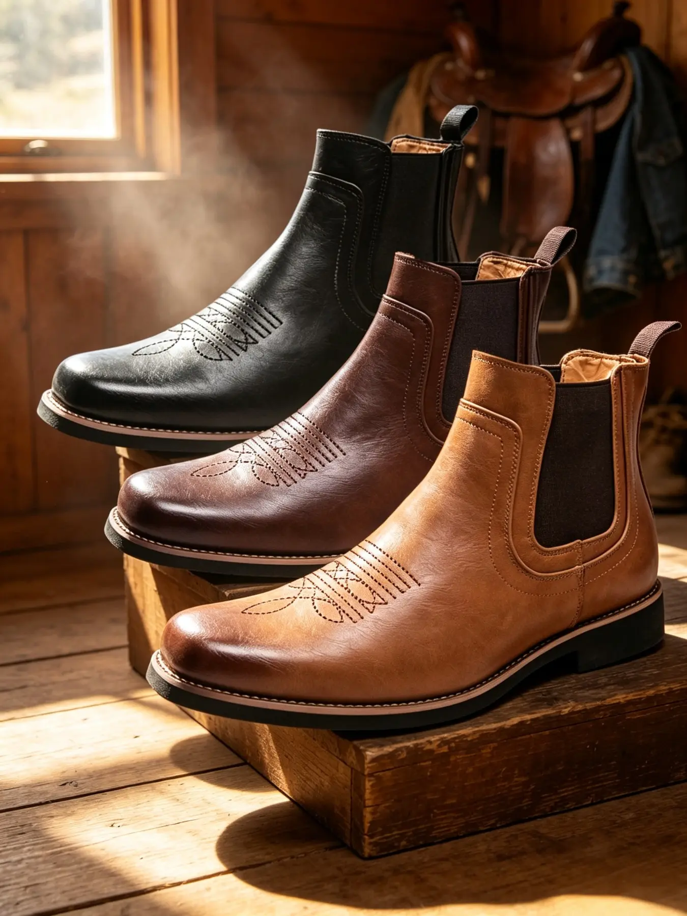 Men Retro Western Ankle Chelsea Boots, Classic Embroidery Square Toe Slip‑On Boots, Durable Casual Cowboy Style Footwear For Jeans Outfits