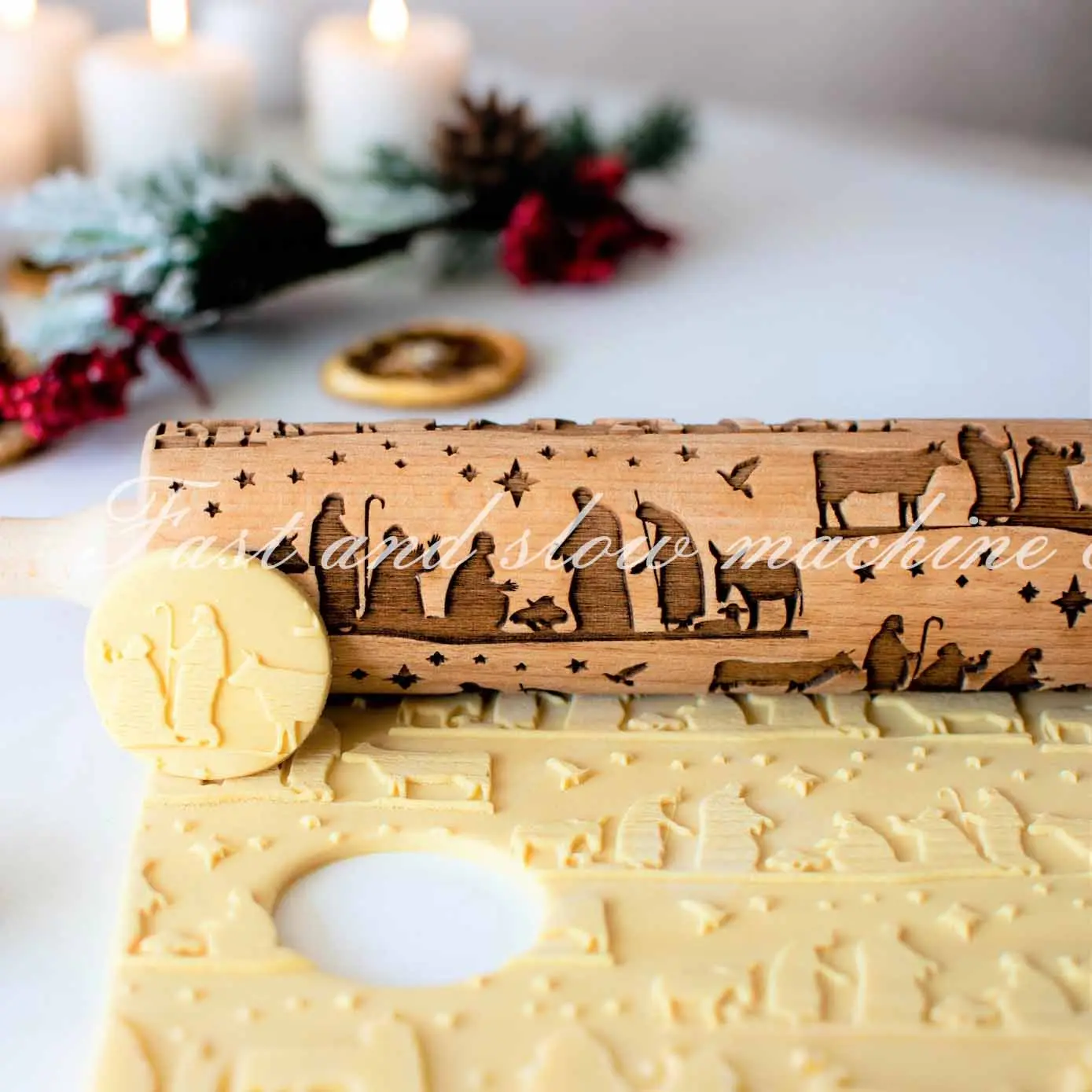 Christmas Wooden Rolling Pin, Nativity Story Engraved Cookie Roller, Household Kitchen Baking Tool, Ideal Faith-Based Holiday Gift For Baker