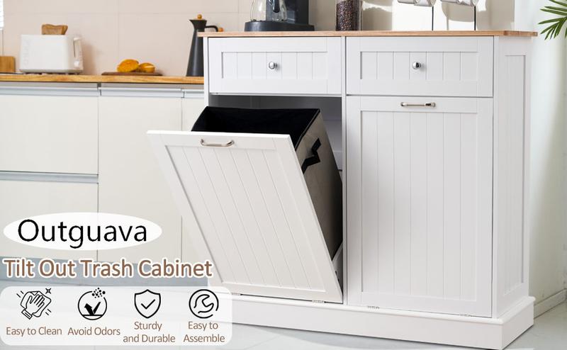 【Does Not Include Trash Can】AHB Double Tilt Out Trash Cabinet Free Standing Recycling Trash Cabinet with Hideaway Drawers, 2x13 Gallons Pet Proof Trash Can Cabinet for Kitchen Living Room