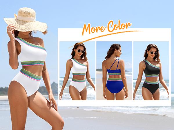 Tempt Me Women High Waisted Bikini Set - One Shoulder Two Piece Swimsuits Color Block Bathing Suits with Swimwear Bottom