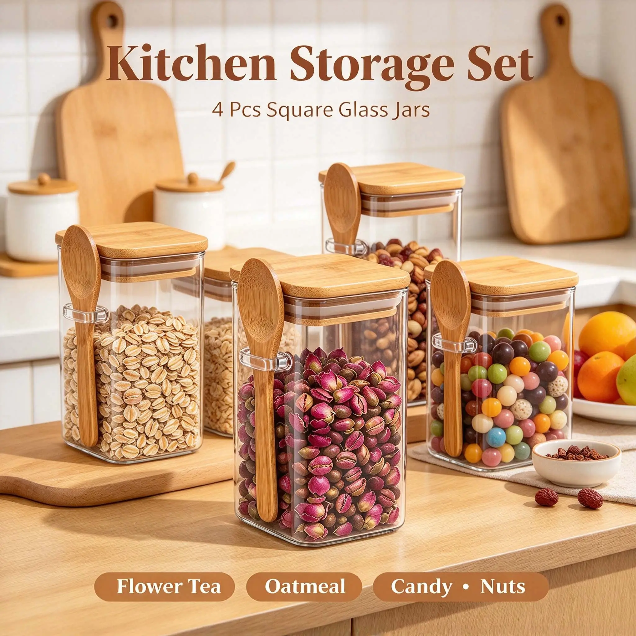 4/6/10/12 Oz Sealed Hexagonal Glass Jars, Bamboo Lid & Spoon, Reusable Transparent Kitchen Containers, Ideal for Candy, Vanilla, Coffee, Dry Ingredients