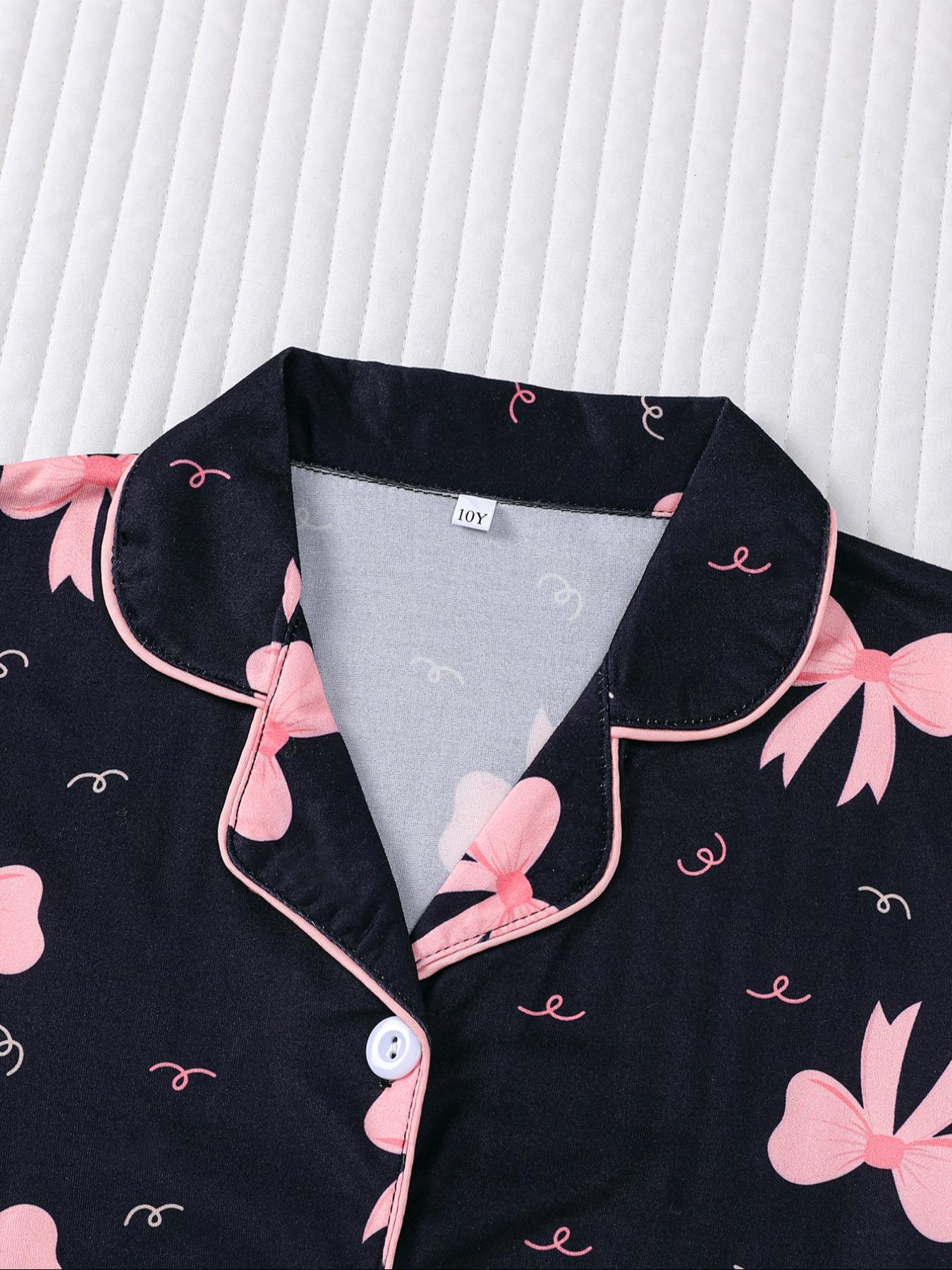 Sweet Bow Print Kids Pajama Set, Base Fitted Short Sleeve Top & Elastic Waist Shorts, Casual Home Wear for Girls, Pajama Sleepwear