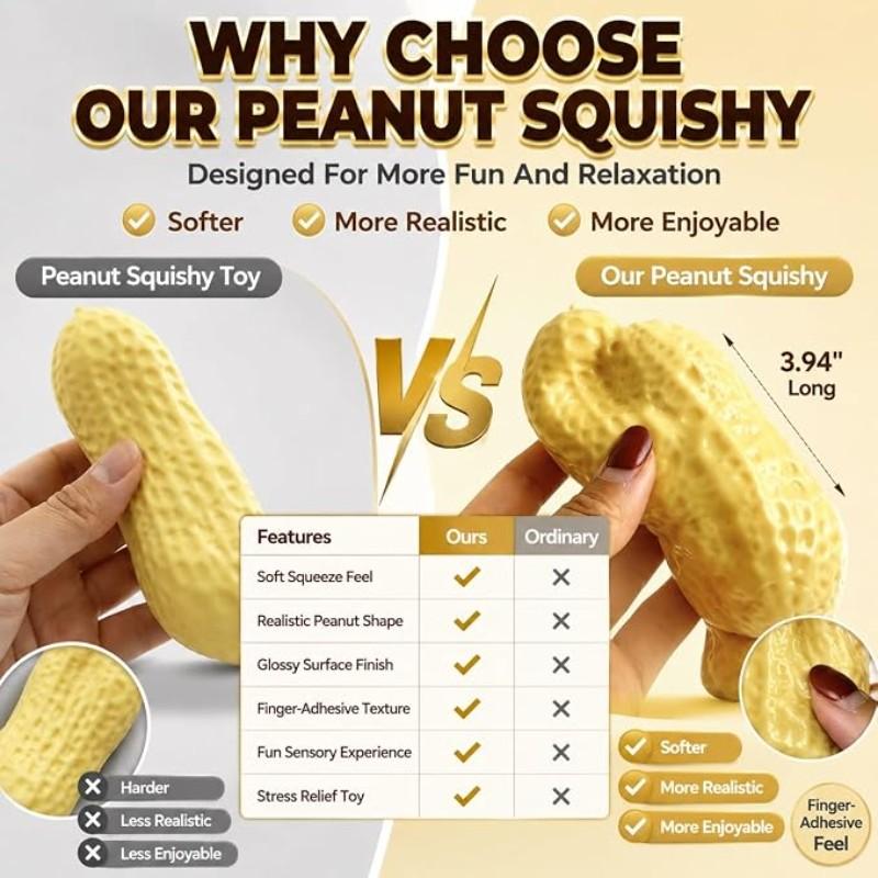 Peanut Squishy Toy (1pc), Food-Shaped Stress Relief Fidget, Large Non-Rebound, Soft Texture, Shapeable Fidget for Adults, Perfect Gift