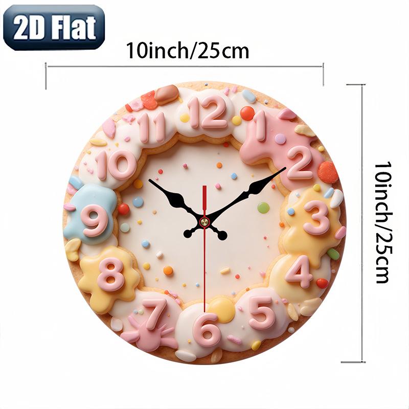 2D flat design. 1 piece set. Sweet Donut Cookie Creative Wall Clock, Silent Decorative Wall Clock, Creative Wall Clock, Suitable for Bedroom, Living Room, Office Decoration, 25/30 cm (excluding AA batteries), 2D Flat Version