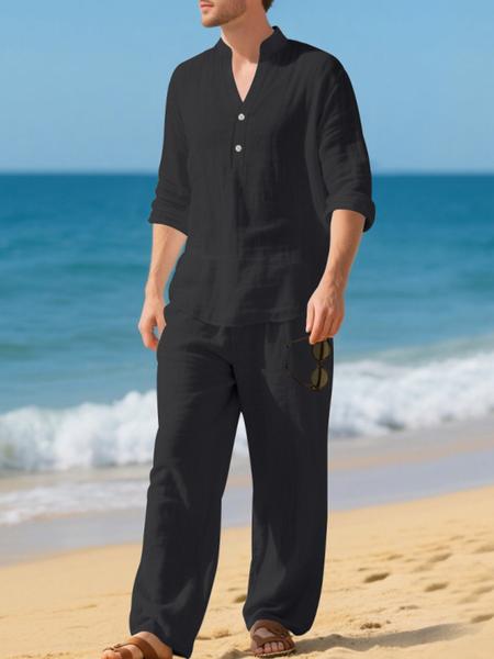 Men's High-Quality Linen Set, Beach Button Shirt & Casual Loose Pants, Spring Summer Wear, Comfortable Breathable Fabric Clothes