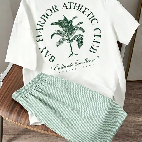 Men's Two-Piece Set, Casual Tropical Palm Tree Print T-Shirt & Striped Shorts for Summer, Daily Wear, Tennis, Clothing Sets