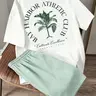 Men's Two-Piece Set, Casual Tropical Palm Tree Print T-Shirt & Striped Shorts for Summer, Daily Wear, Tennis, Clothing Sets