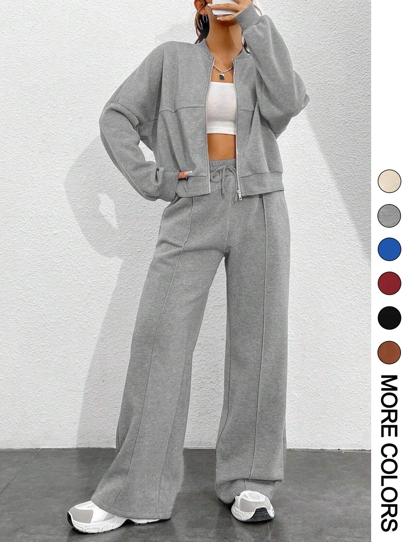 Women's Solid Zip Up Crop Jacket & Drawstring Waist Pants Two-piece Set, Casual Fashion Drop Shoulder Long Sleeve Top & High Waist Trousers for Daily Outdoor Wear, Women's Clothing for Spring & Fall