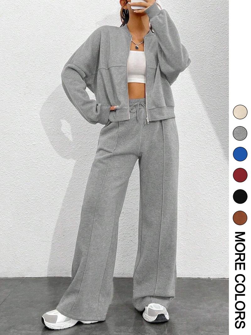 Women's Solid Zip Up Crop Jacket & Drawstring Waist Pants Two-piece Set, Casual Fashion Drop Shoulder Long Sleeve Top & High Waist Trousers for Daily Outdoor Wear, Women's Clothing for Spring & Fall