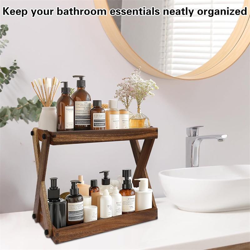 Double Layer Solid Wood Bathroom Organizer Rack with Mirror, Bathroom Organization, Space Saving Design, Suitable for Toiletries/cosmetics/decor Storage