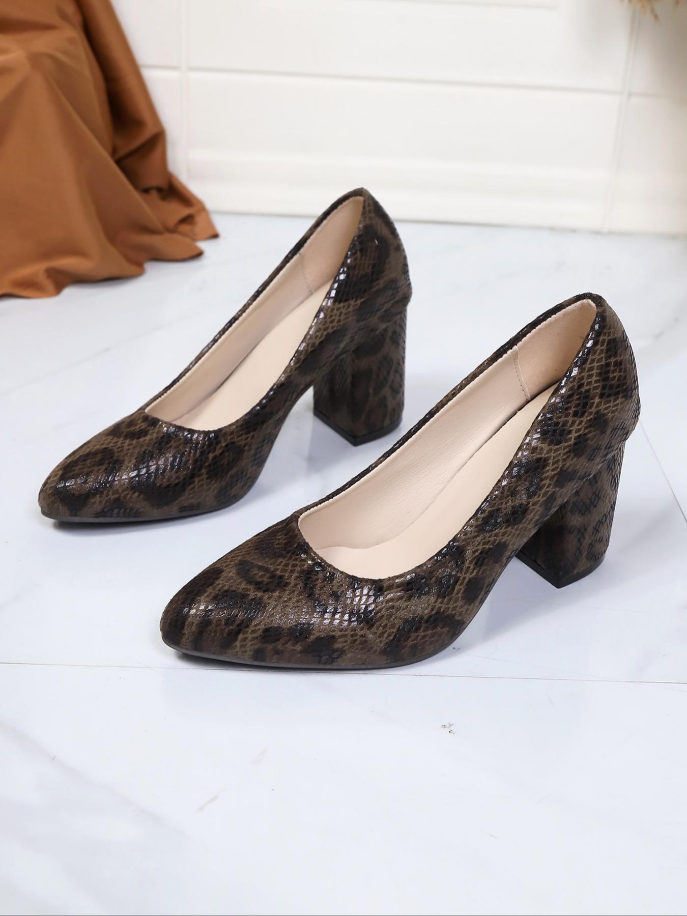 Women's Sexy Snake Print Chunky Heel High Heels, Fashion Nightclub Pointed Toe Slip-On Shoes, All Season PU Rubber Sole