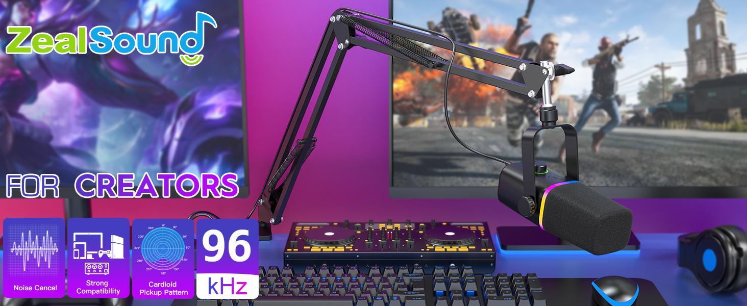 ZealSound XLR/USB Dynamic Microphone with Boom arm stand for Gaming Podcasting,Mic for iPhone Phone PC Computer laptop mixer sound card, live Streaming Mic with RGB Light,Mute Button,Mic Gain,Headphones Jack, Stand, Singing YouTube Smartphone Recording