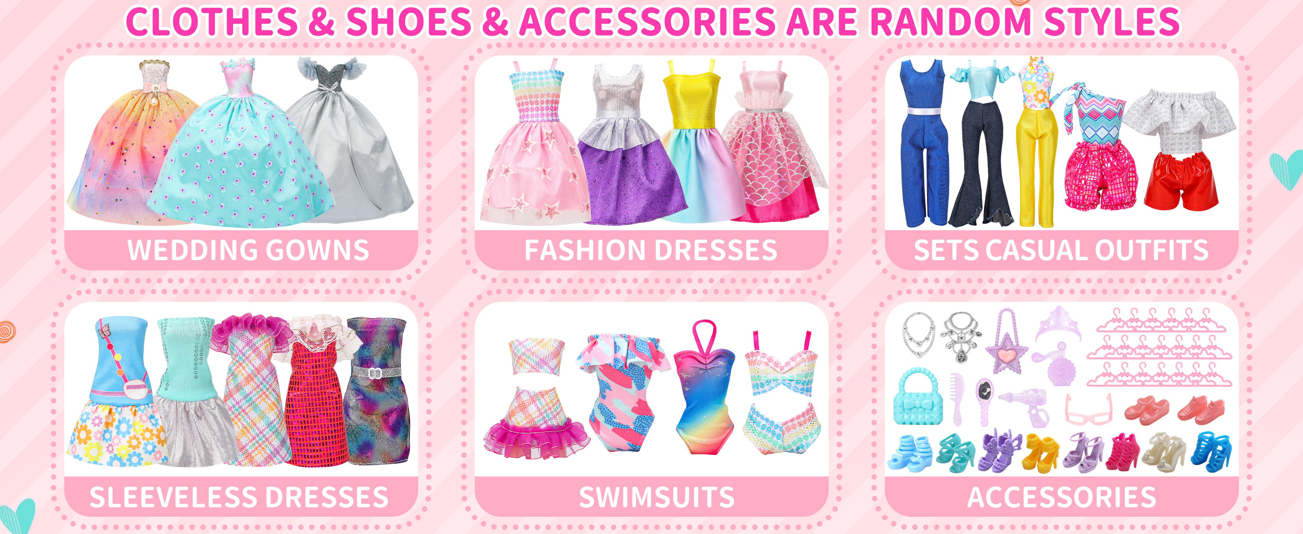 70 Pcs Doll Clothes and Accessories,2 Wedding Gown 6 Fashion Dresses 2 Set Casual Outfits 1 Top 1 Pant Bikini 1 Swimsuit,20 Hanger 10 Shoe 27 Accessories Toys for Girls Kids Birthday and Valentines Gift
