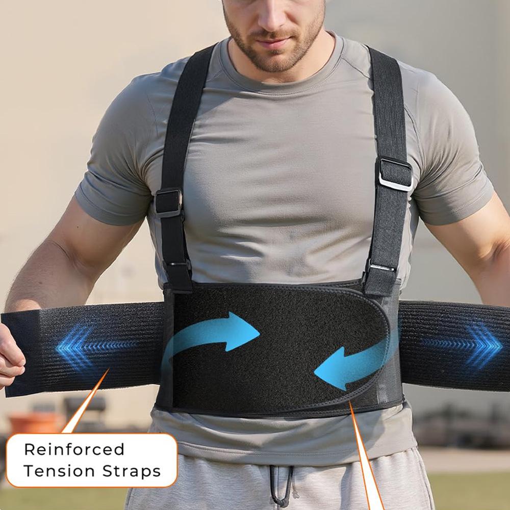 Work Back Brace with Adjustable Shoulder Straps [Stronger Support & Breathable Mesh] Breathable Lumbar Brace Lower Back Support Belt for Men Women - for Lifting, Warehouse, Construction & Moving