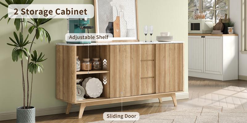 FUSOU 62" W Fluted Buffet Cabinet with Sliding Doors, Modern Sideboard Storage Cabinet with Power Outlet & 3 Drawers, Mid-Century Coffee Bar Table for Living Room, Dinning Room, Natural