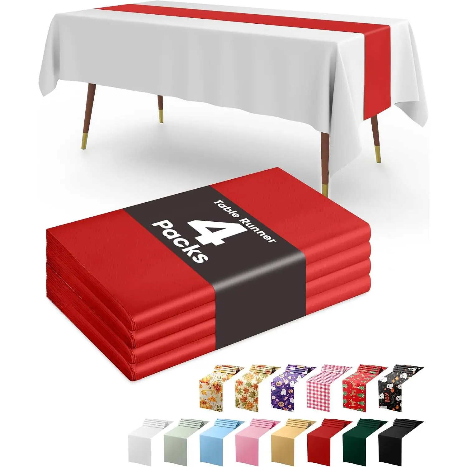 Red Plastic Table Runners, 4 Pack 14 x 108 Inch Disposable Table Centerpieces for Weddings, Birthdays and Parties