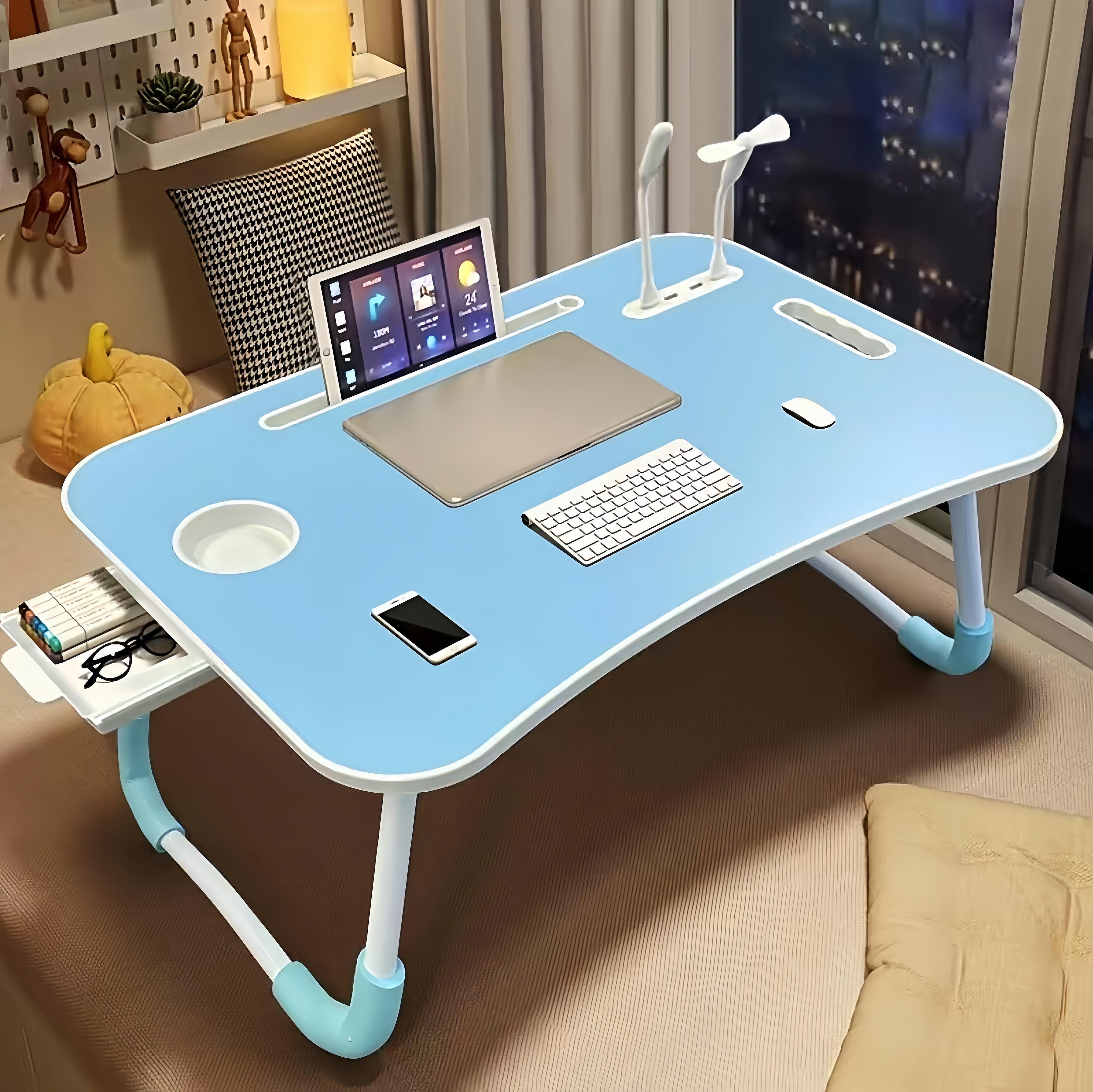 Ultra Large Portable Laptop Bed Table - Multi Functional Tray Holder with Cup Holder And Drawer, USB, Fan, And Light - Perfect for Eating, Reading, And Writing on Beds, Sofas, Floors - Stable, Durable, And Foldable