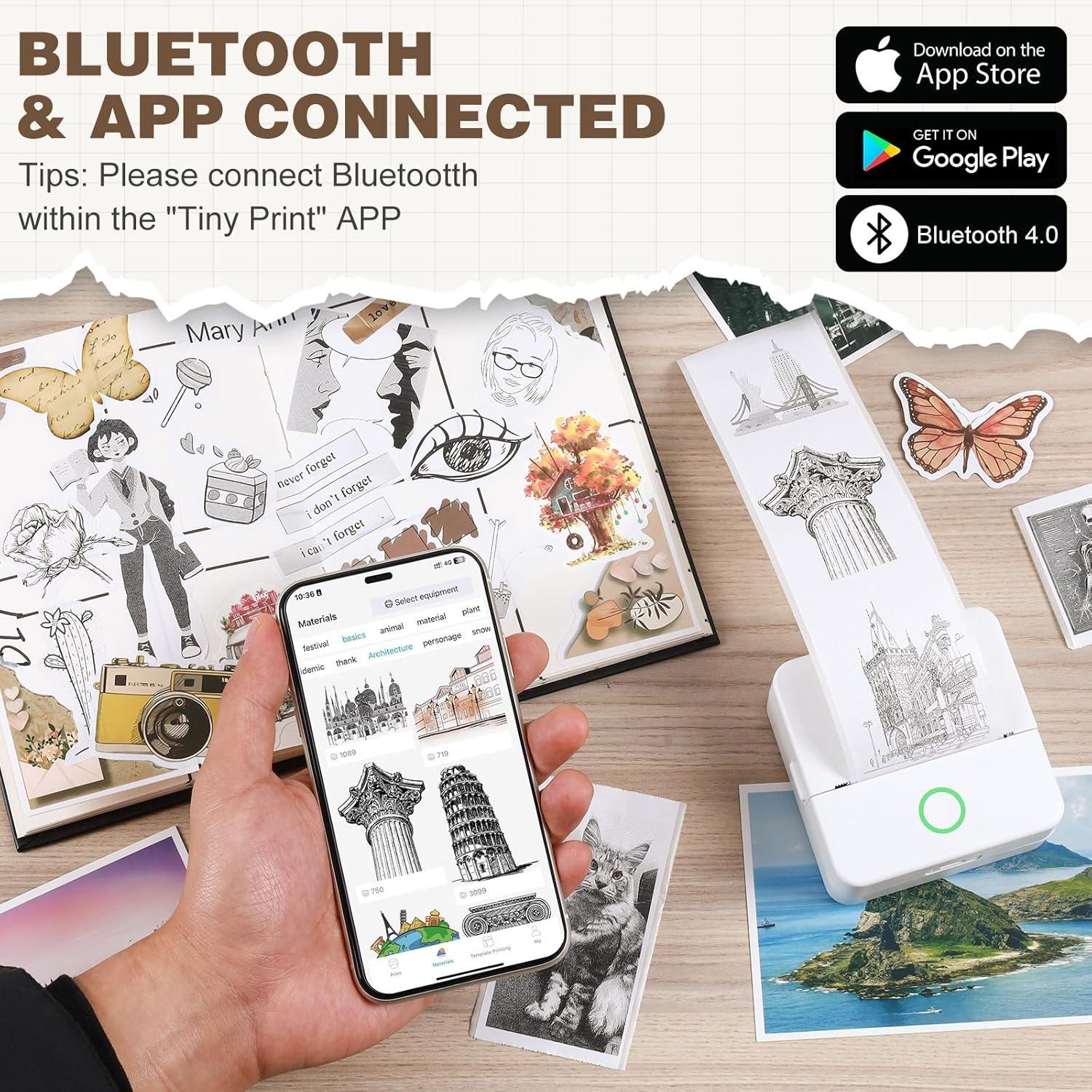 Portable Wireless Mini Printer with 10 Rolls Paper, Thermal Sticker Maker, Pocket Phone Printer for Notes, DIY Printing, iOS & Android Compatible