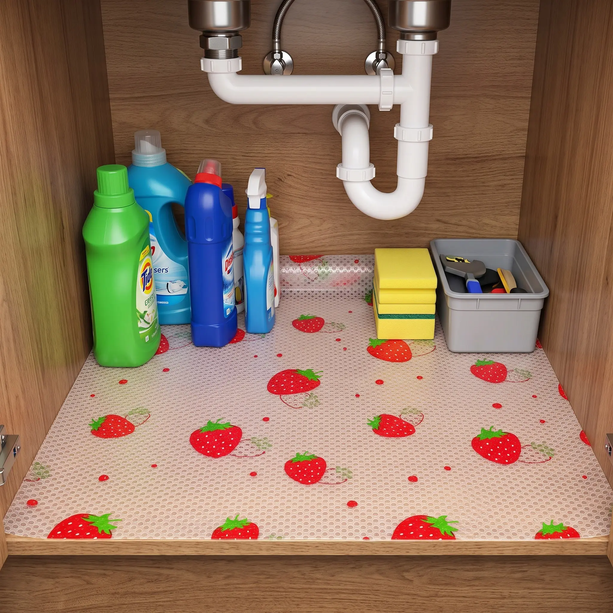 Eva Kitchen Cabinet Liner, Non-Stick Waterproof Oil-Resistant, Bright Strawberry Design, Easy Clean Durable, Anti-Slip Shelf Protector