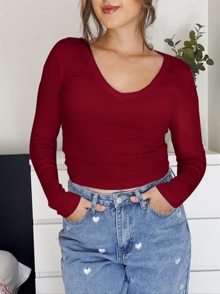 Women's Spring Autumn Slim-Fit U-Neck Long Sleeve Top, Comfortable Fabric, Casual Wear, Available in Multiple Colors