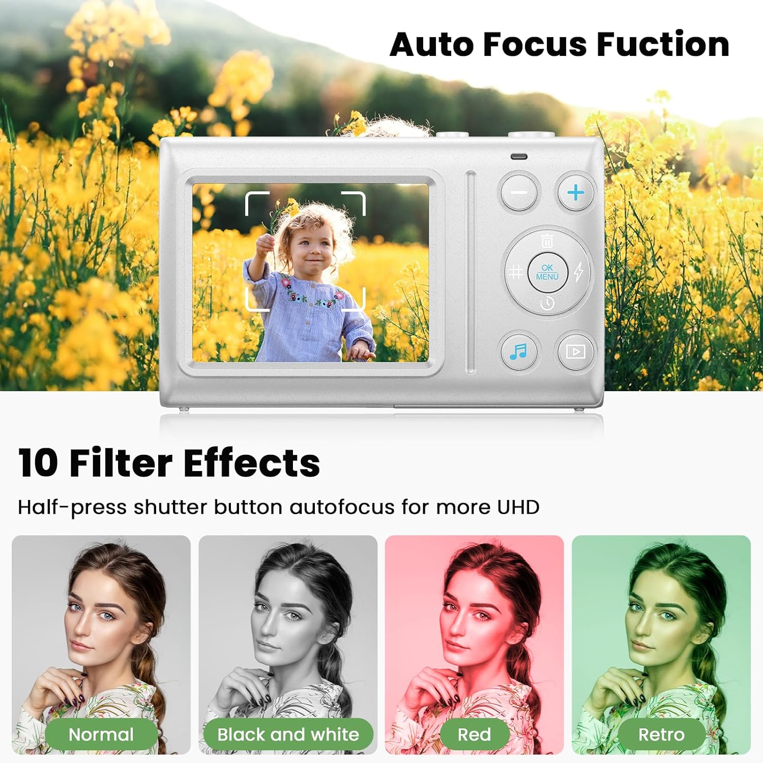 Digital Camera 4K 64MP Vlogging Camera Autofocus Point and Shoot Digital Cameras for Photography Camera for  Student  Teen Girl Boy, 18X, 2 , 32GB Card, White