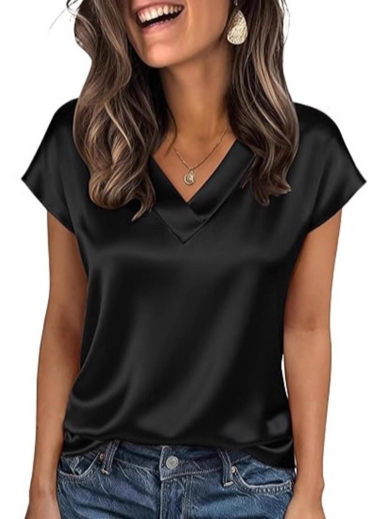 2026 Women Silk Satin Smooth Tops Cap Short Sleeve Blouse V Neck Shirts Business Casual Loose Elegance Outfits hot