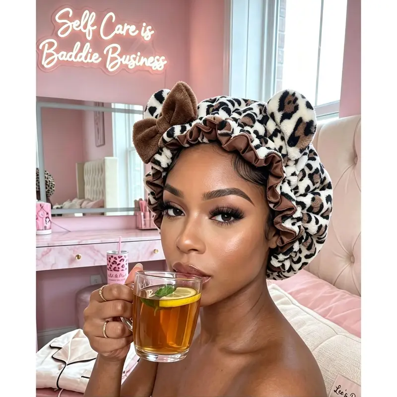 Women's Adjustable Jumbo Leopard Plush Satin-Lined Hair Bonnet - 1 Pc, Bear Ears Bow Design, Frizz Control for Curly Hair/Braids, Sports & Outdoor Loungewear Sleep Cap (Bonnets for Women)