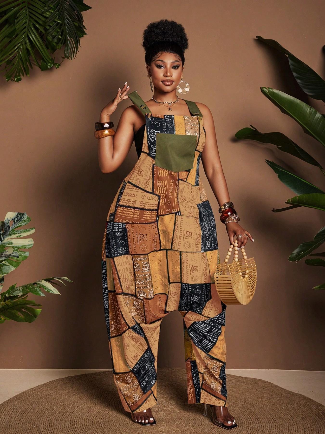 Women's Patchwork Print Jumpsuit, Boho Style Slim-Fitting Overall, Loose Wide Leg Casual Romper, All over Print Clothing, Bohemian