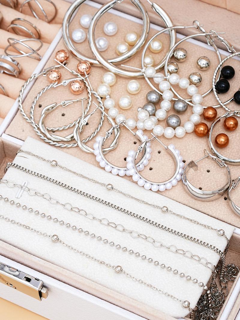 Fashion Faux Pearl Decorated Jewelry, Heart & Flower & Geometric Shape Earring Bracelet Necklace Ring Jewelry Set, Gifts without Box Fashion Faux Pearl Decorated Jewelry, Heart & Flower & Geometric Shape Earring Bracelet Necklace Ring Jewelry Set, Gifts without Box