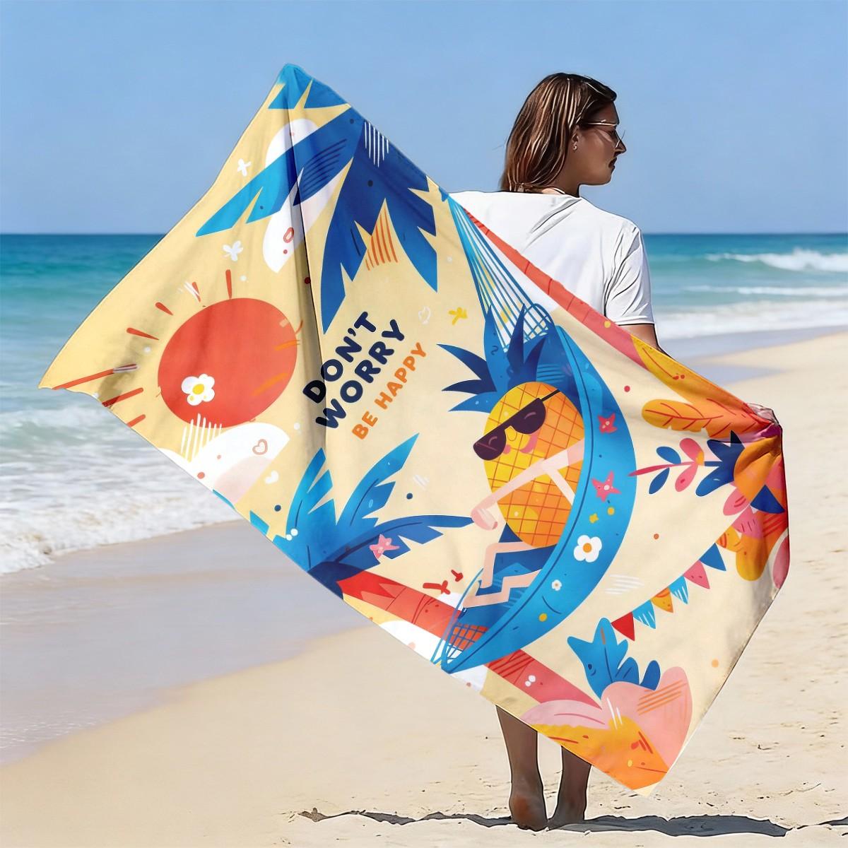 Don't Worry Be Happy Pineapple Beach Towel, Quick-Dry Super Soft Polyester, Multi-Use Yoga Travel Swim Camping, Large Size, Best Gift