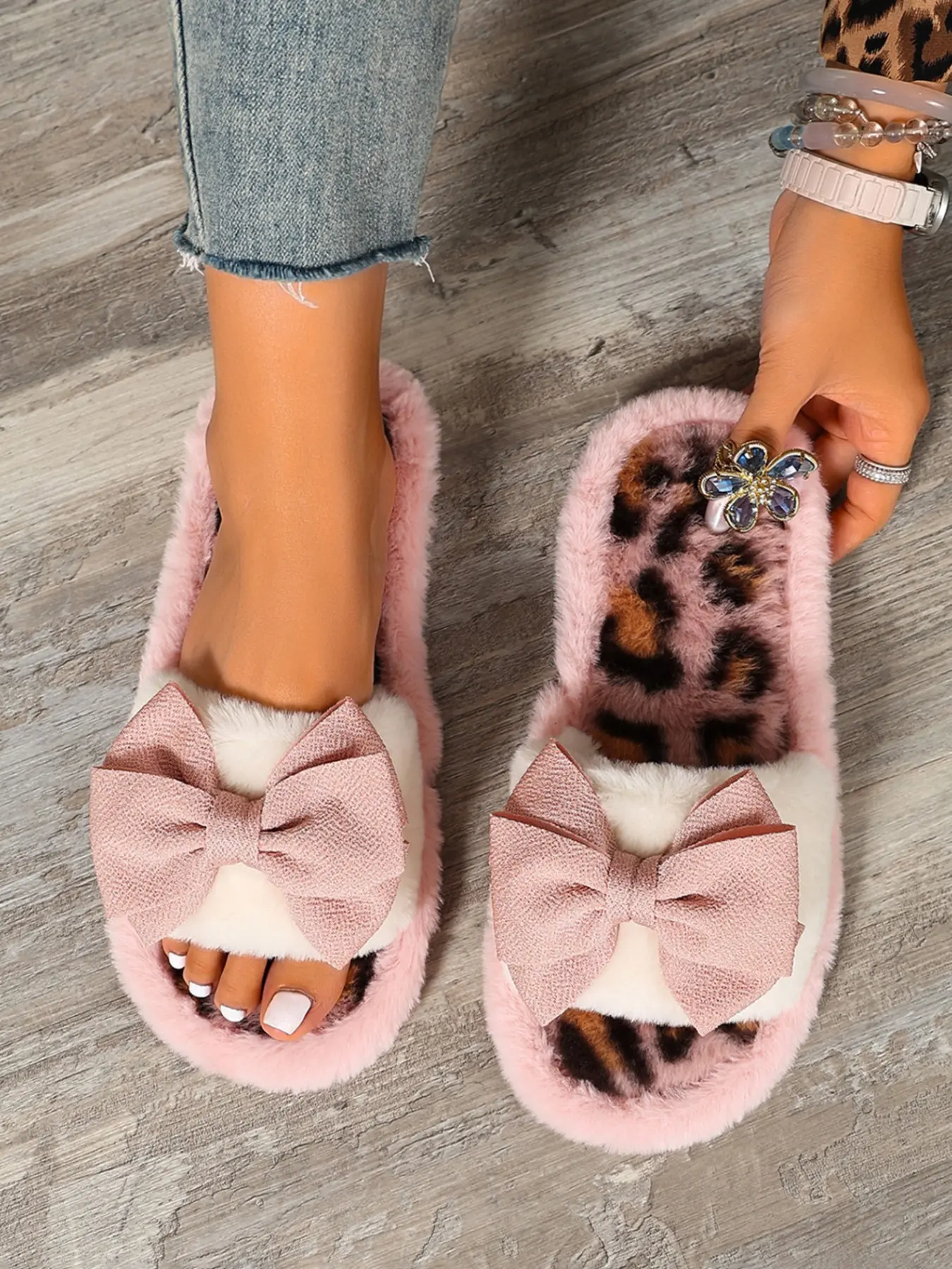 Women's Plush Slippers, Leopard Print Bow Decor, Soft Non-Slip Open-Toe Cotton Slippers, Fall Winter Home Indoor Casual Wear