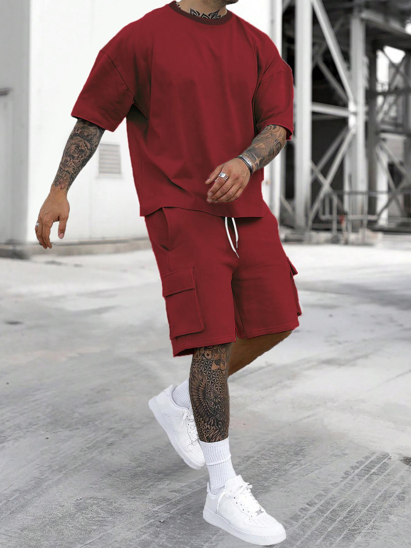 Men's Solid Color Tee & Drawstring Waist Shorts Loungewear Two-piece Set, Regular Fit Breathable Menswear and Soft Casual Comfy Round Neck Short Sleeve T-shirt & Pocket Shorts Pj Set, Men's Sleepwear for Summer